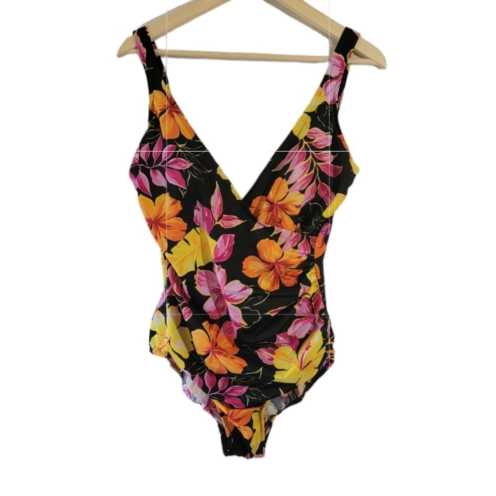 Miraclesuit The Deep V Tropical One Piece Swimsuit Sz 14  Padded Big Strap Beach